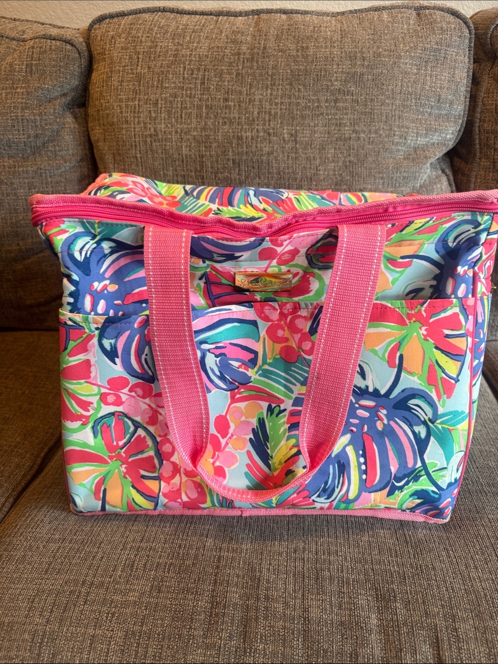 Lilly Pulitzer Bright Floral Canvas Tote with Pink Handles